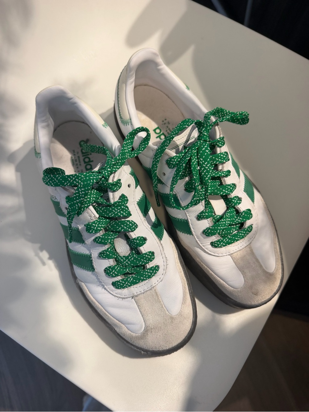 adidas White Sneakers with Green Stripes and Laces